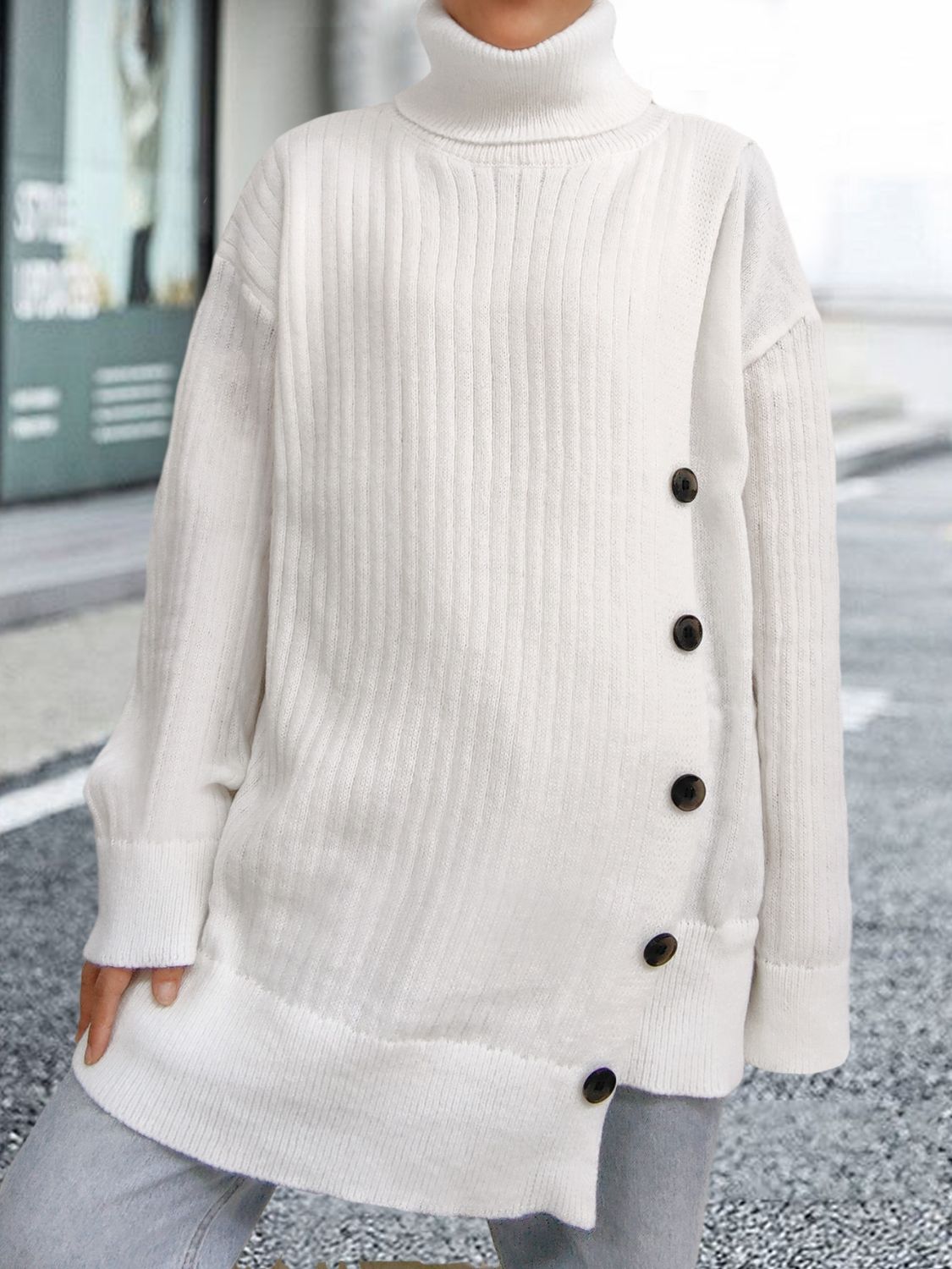 Turtleneck Dropped Shoulder Long Sleeve Sweater-TOPS / DRESSES-[Adult]-[Female]-White-One Size-2022 Online Blue Zone Planet