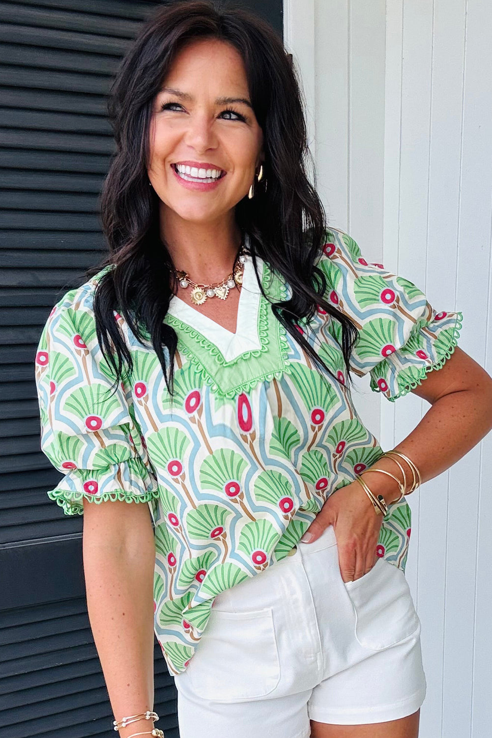 Green Floral Print Ricrac Trim Contrast V Neck Bubble Sleeve Summer Blouse-Tops/Blouses & Shirts-[Adult]-[Female]-2022 Online Blue Zone Planet