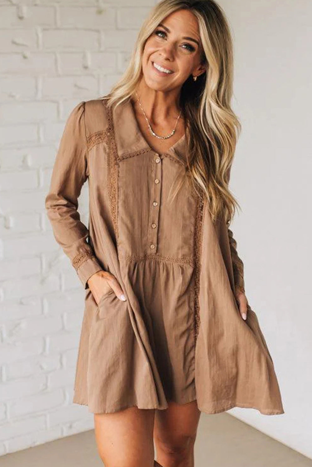 Straw Yellow Lace Trim Peter Pan Collar Long Sleeve Mini Shirt Dress-TOPS / DRESSES-[Adult]-[Female]-2022 Online Blue Zone Planet