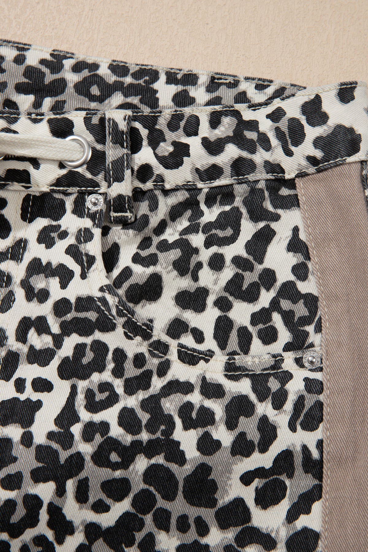 Khaki Leopard Print Drawstring Waist Straight Leg Jeans-Bottoms/Jeans-[Adult]-[Female]-2022 Online Blue Zone Planet