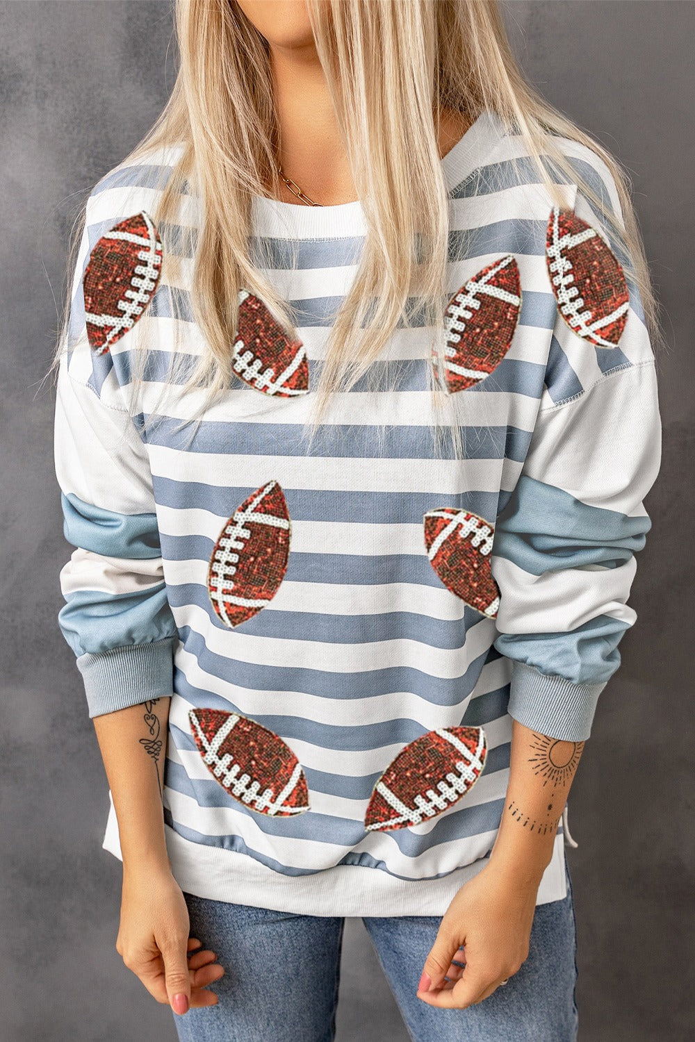 Blue Zone Planet | Football Striped Round Neck Long Sleeve Sweatshirt-TOPS / DRESSES-[Adult]-[Female]-2022 Online Blue Zone Planet