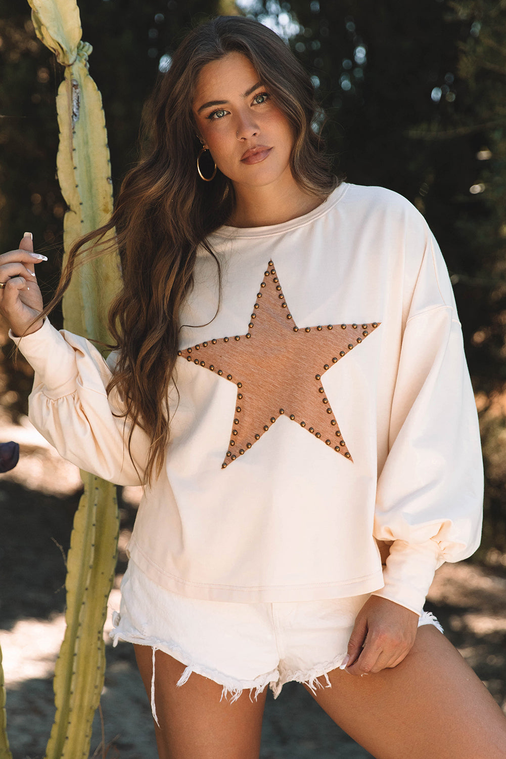 Apricot Studded Star Graphic Oversized Long Sleeve Top-Tops/Long Sleeve Tops-[Adult]-[Female]-Apricot-S-2022 Online Blue Zone Planet