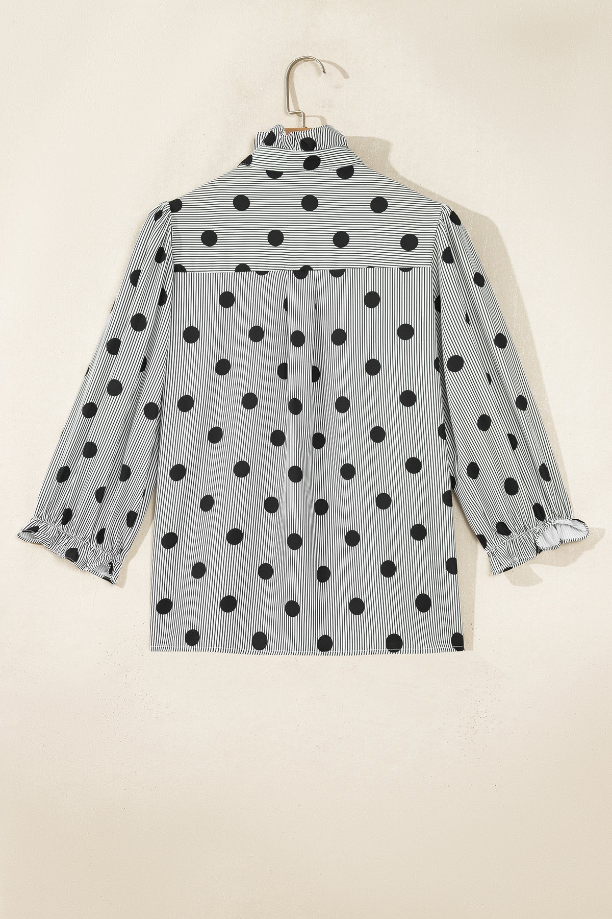 Black white Polka Dot Striped Print Ruffle Stand Neck 3/4 Sleeve Shift Shirt-Tops/Blouses & Shirts-[Adult]-[Female]-2022 Online Blue Zone Planet