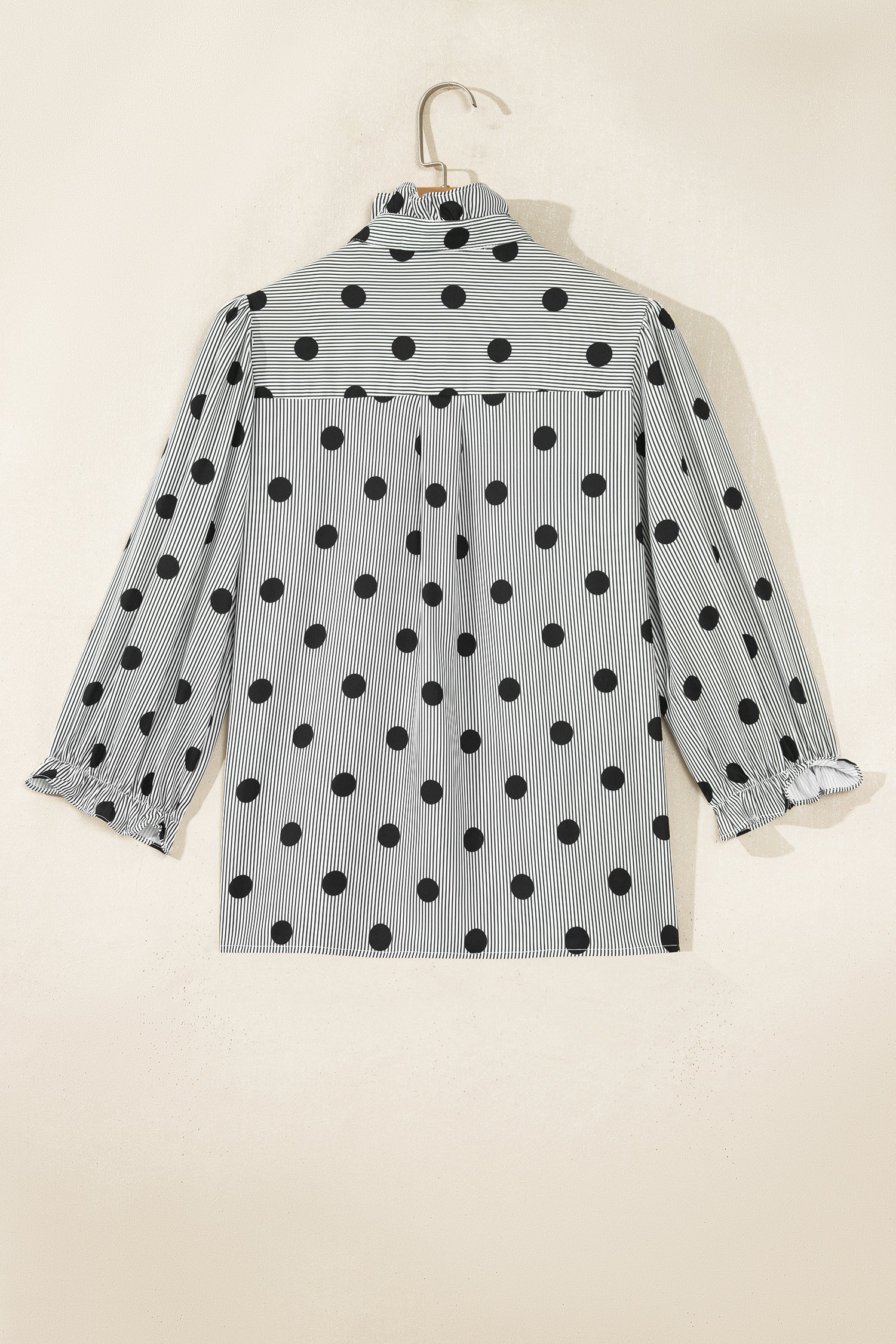 Black white Polka Dot Striped Print Ruffle Stand Neck 3/4 Sleeve Shift Shirt-Tops/Blouses & Shirts-[Adult]-[Female]-2022 Online Blue Zone Planet
