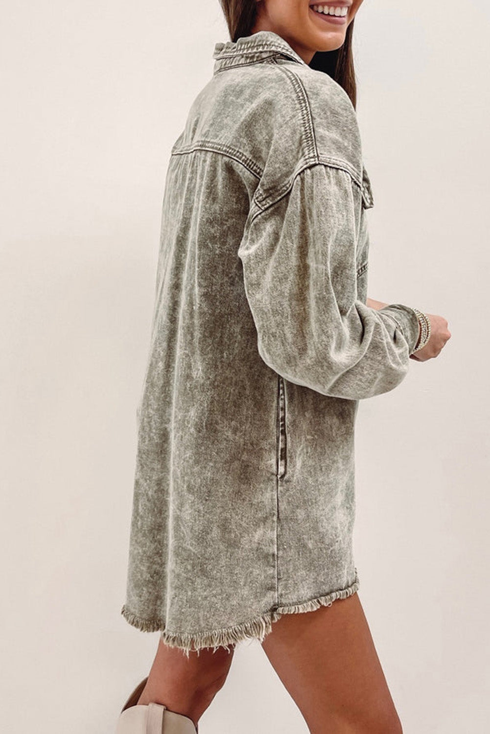 Blue Zone Planet | Sage Green Acid Wash Flap Pocket Raw Hem Tunic Denim Jacket-Outerwear/Denim jackets-[Adult]-[Female]-2022 Online Blue Zone Planet