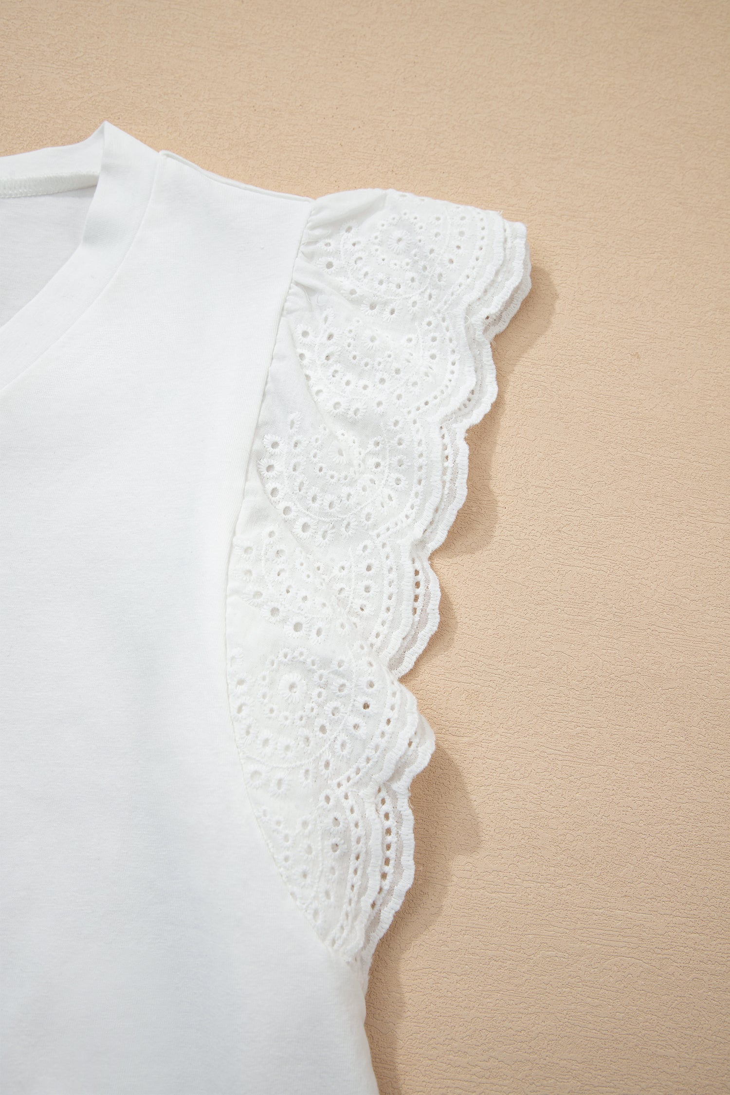 White Eyelet Embroidered Flutter Sleeve Patchwork V Neck Tee-Tops/Tops & Tees-[Adult]-[Female]-2022 Online Blue Zone Planet
