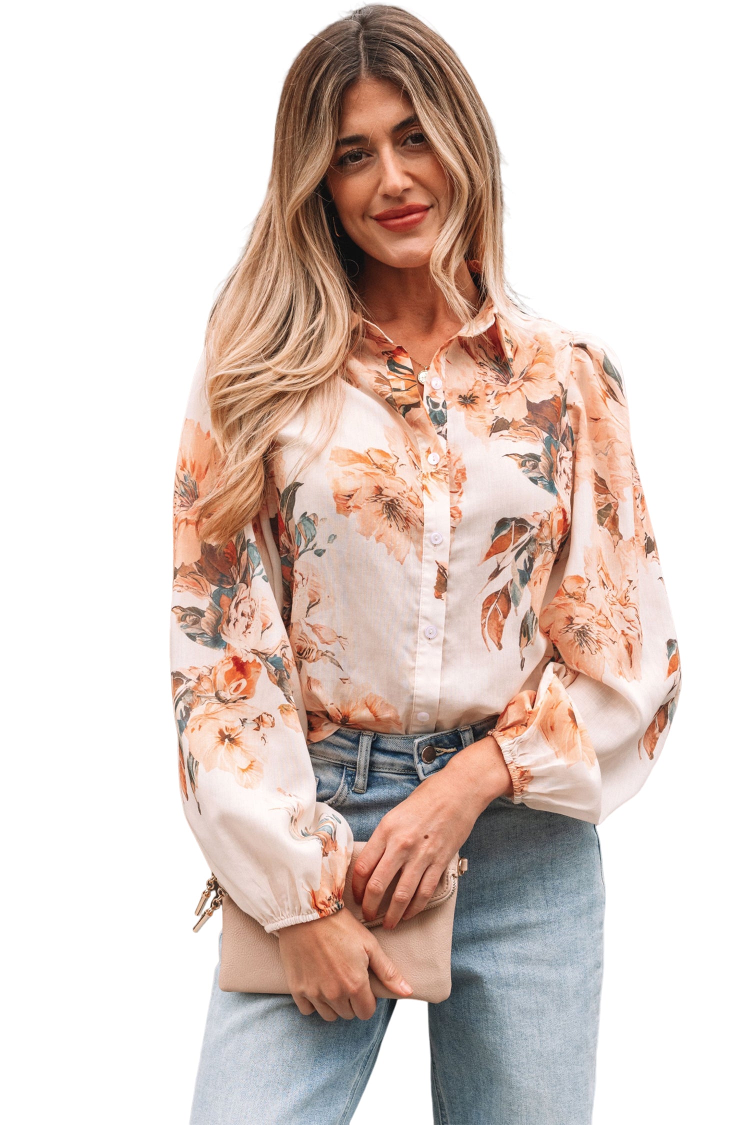 Orange Floral Puff Sleeve Lightweight Shirt-Tops/Blouses & Shirts-[Adult]-[Female]-2022 Online Blue Zone Planet