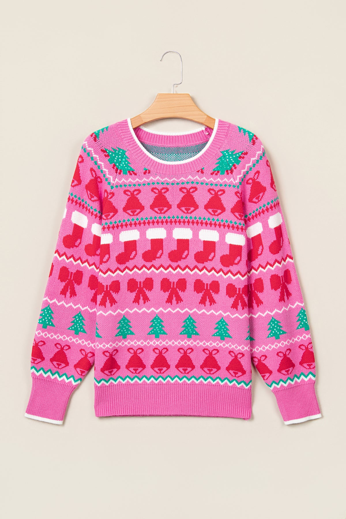 Pink Christmas Holiday Graphic Round Neck Knit Sweater