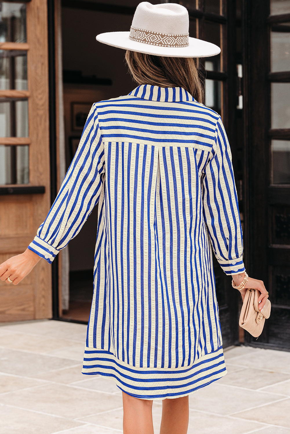 Blue Stripe Collared Half Button Side Pockets Loose Fit Mini Dress-Dresses/Mini Dresses-[Adult]-[Female]-2022 Online Blue Zone Planet