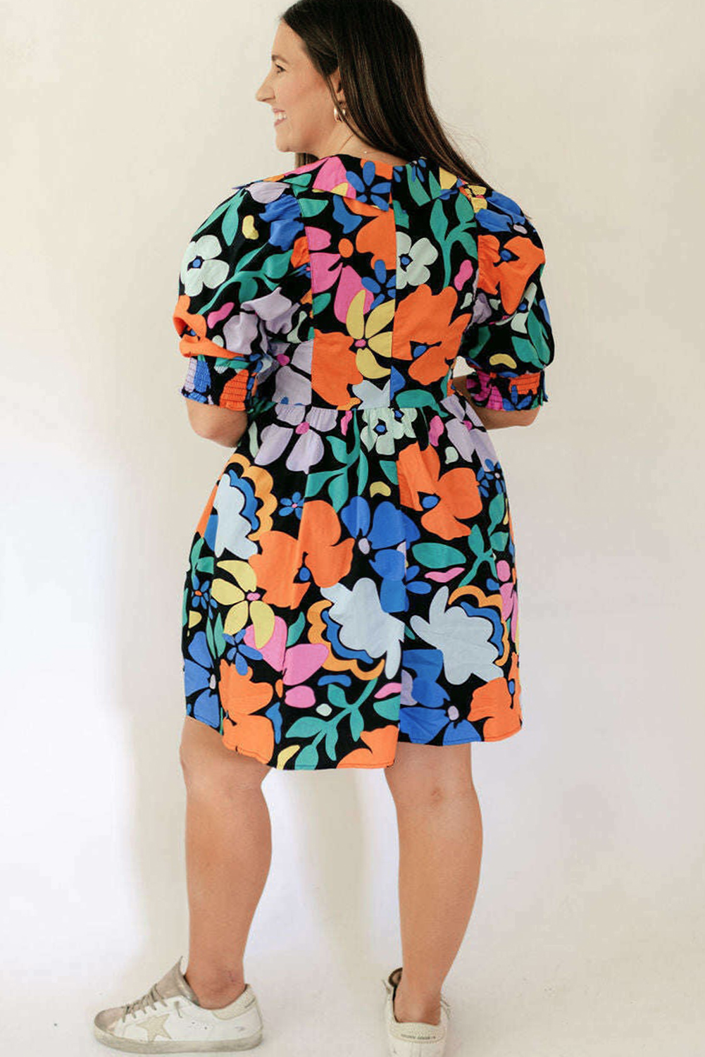 Blue Zone Planet | Blue Split Neck Collared Plus Floral Dress-TOPS / DRESSES-[Adult]-[Female]-2022 Online Blue Zone Planet