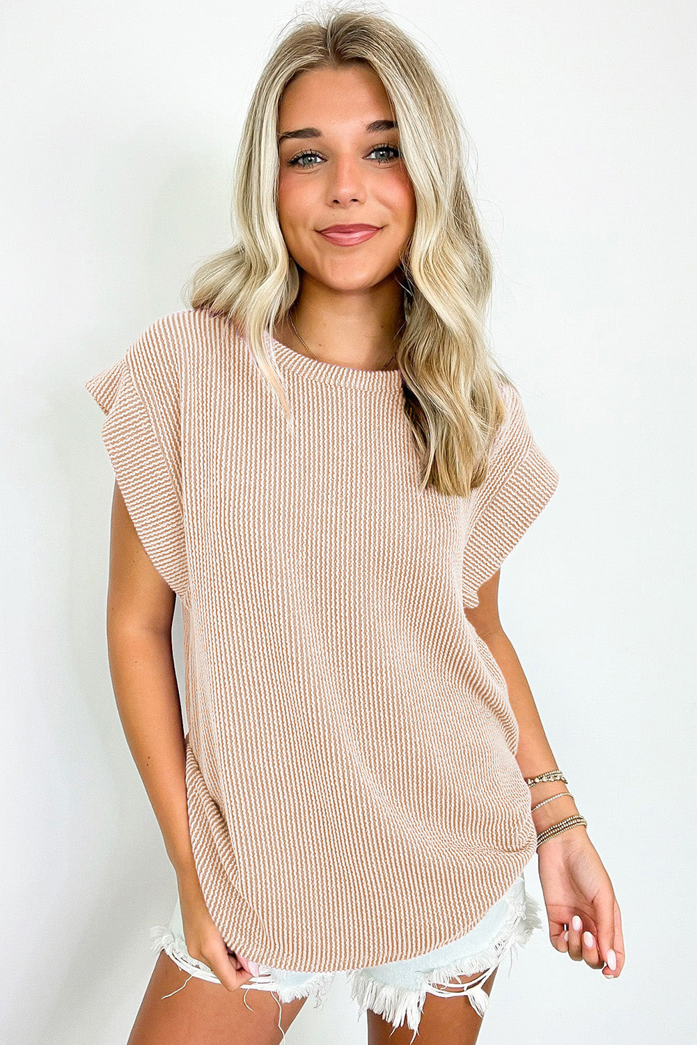Parchment Twisted Rib Wide Sleeve Crew Neck T Shirt-Tops/Tops & Tees-[Adult]-[Female]-2022 Online Blue Zone Planet