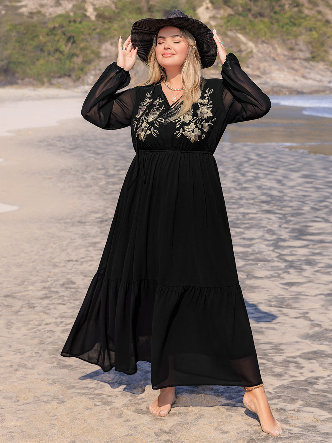 Blue Zone Planet | Plus Size Embroidered Tie Neck Long Sleeve Dress-TOPS / DRESSES-[Adult]-[Female]-2022 Online Blue Zone Planet