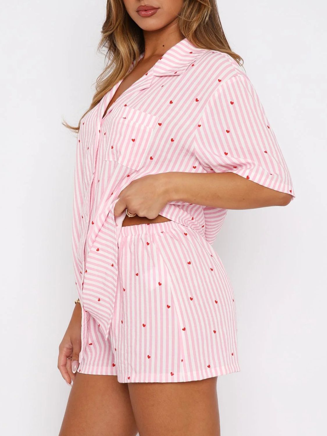 Valentine's Day Printed Collared Neck Short Sleeve Top and Shorts Set-TOPS / DRESSES-[Adult]-[Female]-Blush Pink-S-2022 Online Blue Zone Planet