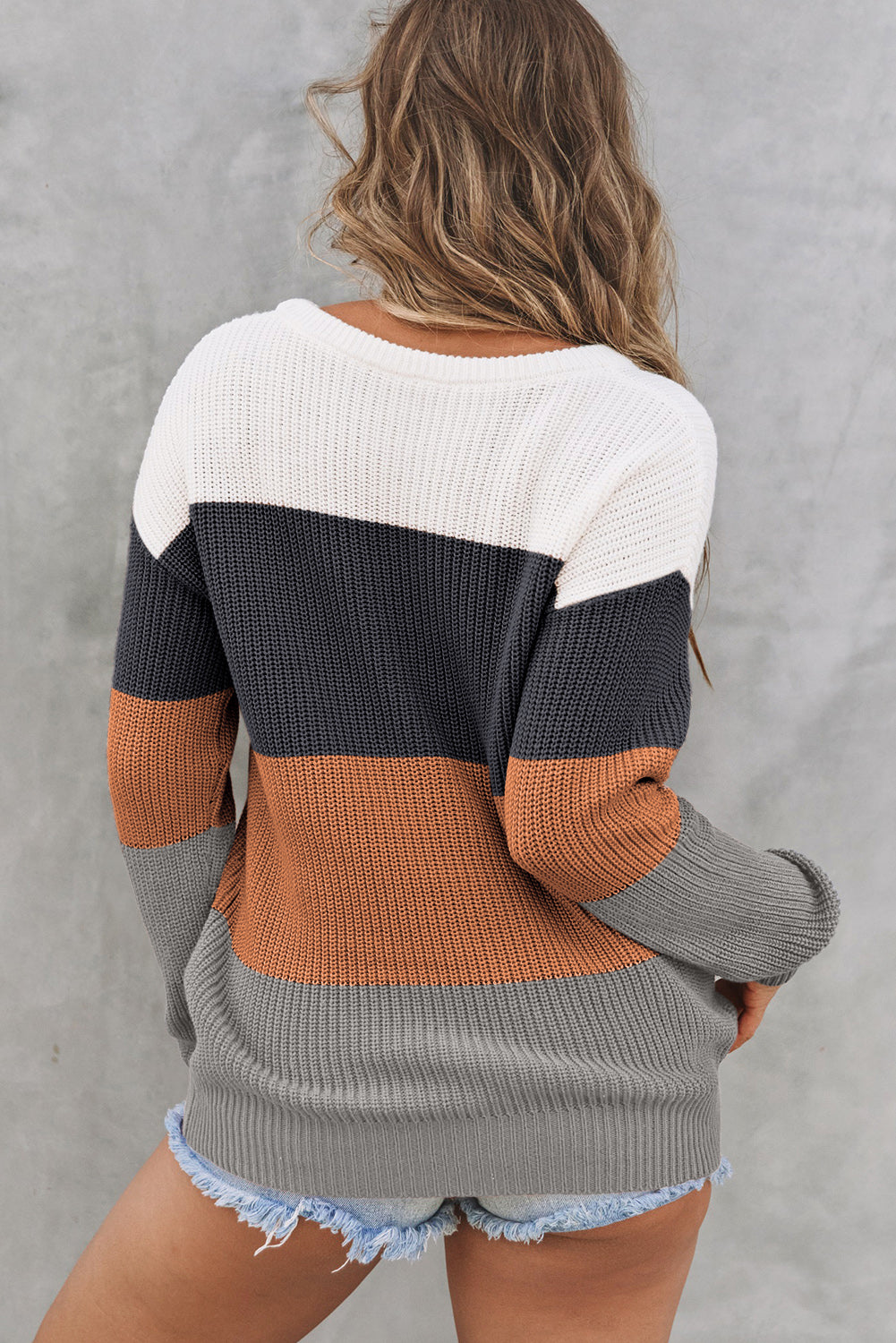 Chestnut Color Block Knitted O-neck Pullover Sweater-Sale (50% OFF)/30% OFF-[Adult]-[Female]-2022 Online Blue Zone Planet