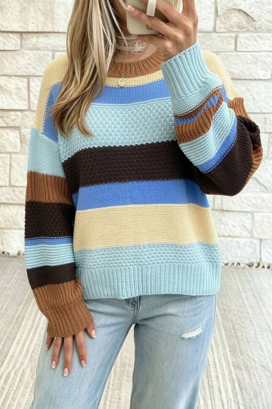 Multicolour Color Block Striped Round Neck Relaxed Sweater-Sweaters & Cardigans/Sweaters-[Adult]-[Female]-Multicolour-S-2022 Online Blue Zone Planet