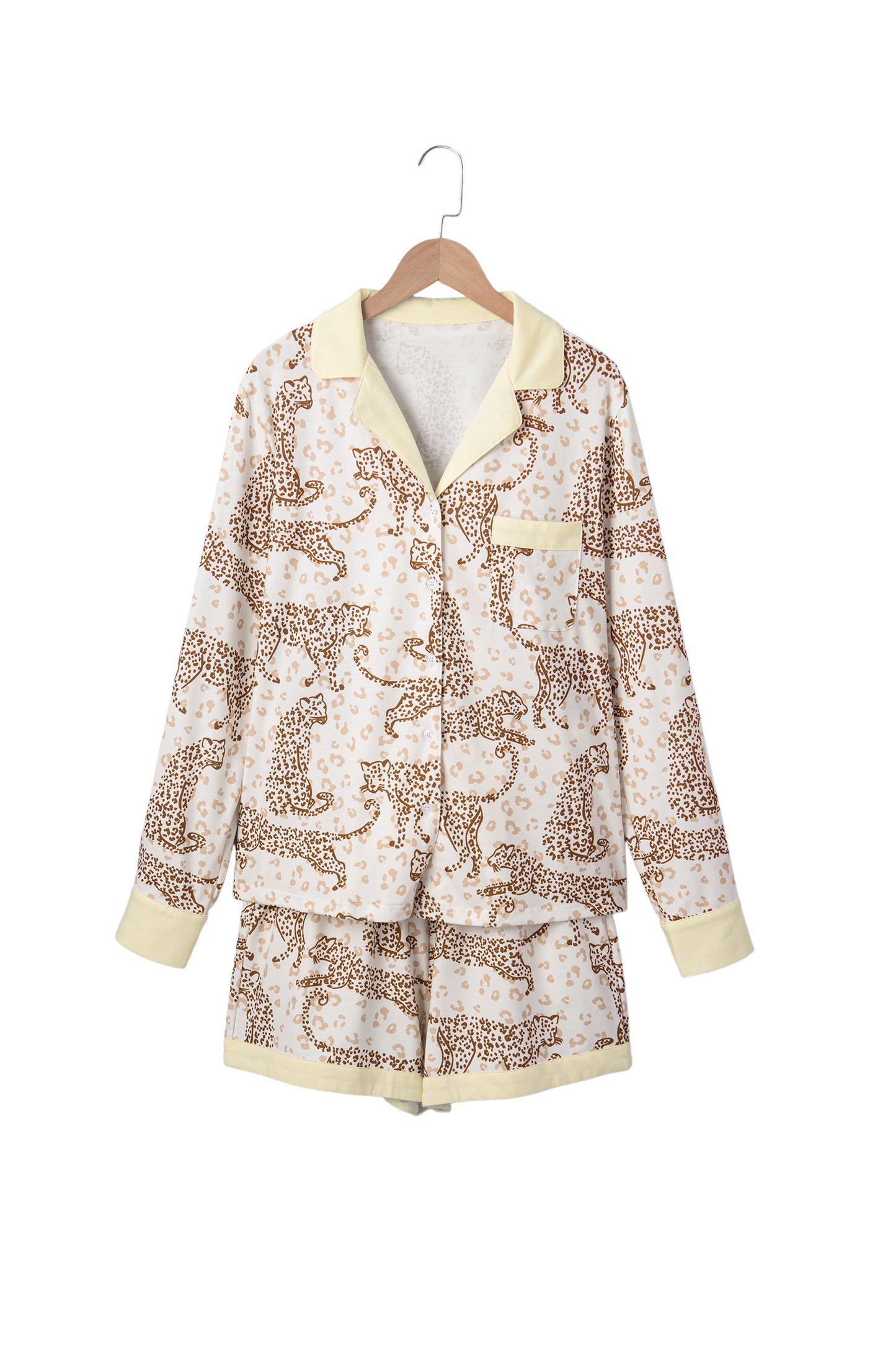 Yellow Leopard Print Colorblock Pocket Placket Long Sleeve Lounge Set-Loungewear & Sleepwear/Loungewear-[Adult]-[Female]-2022 Online Blue Zone Planet
