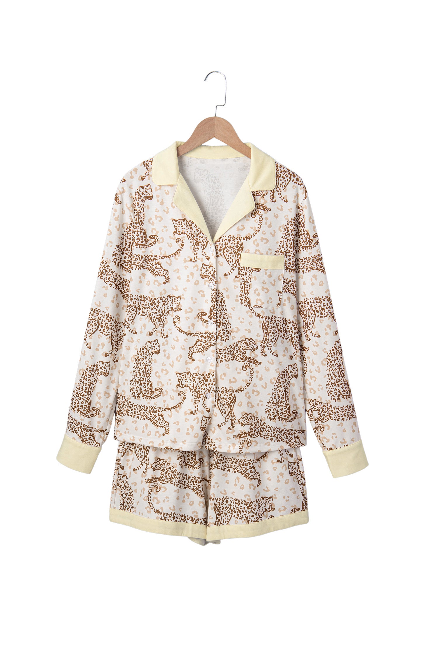 Yellow Leopard Print Colorblock Pocket Placket Long Sleeve Lounge Set-Loungewear & Sleepwear/Loungewear-[Adult]-[Female]-2022 Online Blue Zone Planet