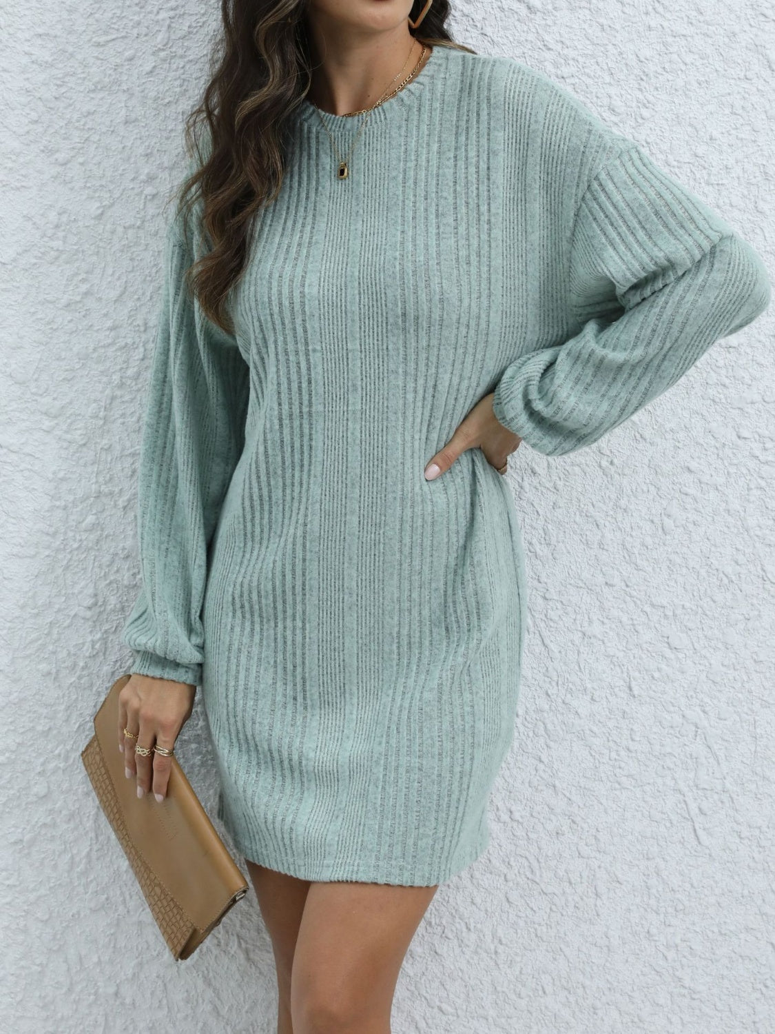 Round Neck Long Sleeve Mini Dress-TOPS / DRESSES-[Adult]-[Female]-Air Force Blue-S-2022 Online Blue Zone Planet