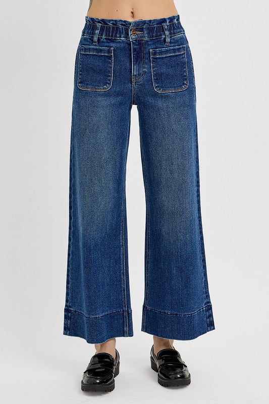 RISEN Elastic Band Wide Leg Jeans-BOTTOMS SIZES SMALL MEDIUM LARGE-[Adult]-[Female]-2022 Online Blue Zone Planet