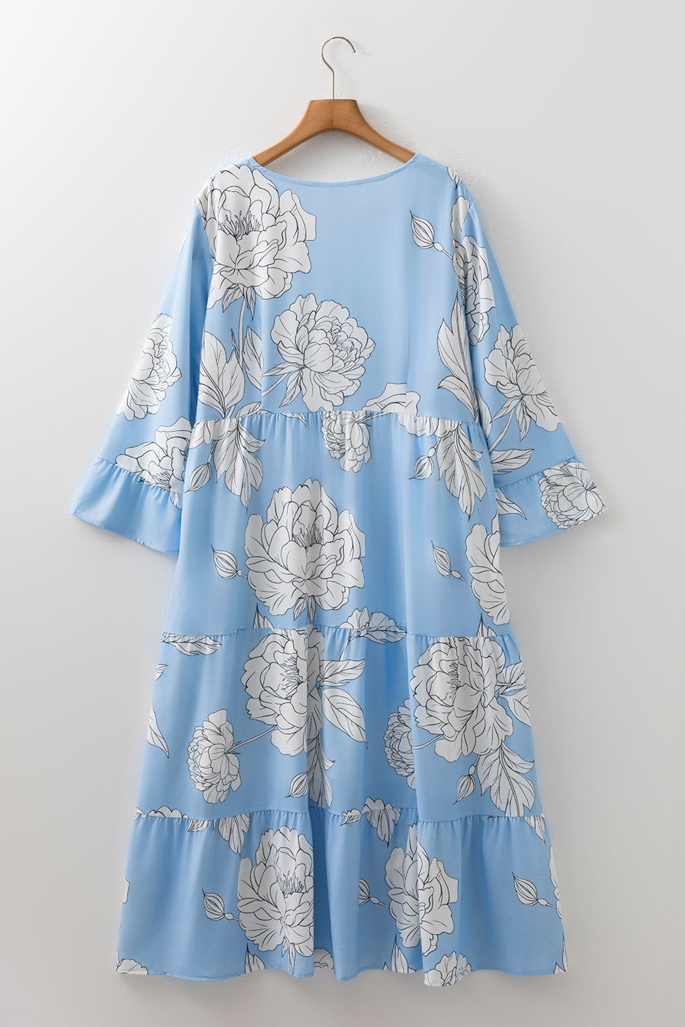 Sky Blue Floral Bracelet Sleeve V Neck Plus Size Tiered Maxi Dress-Bracelet-[Adult]-[Female]-2022 Online Blue Zone Planet