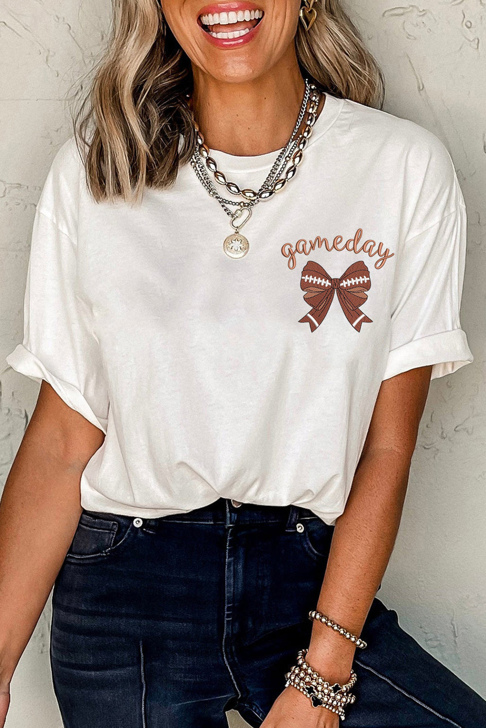 White Game Day Bowknot Embroidered Graphic Casual Tee-Graphic/Graphic Tees-[Adult]-[Female]-White-S-2022 Online Blue Zone Planet