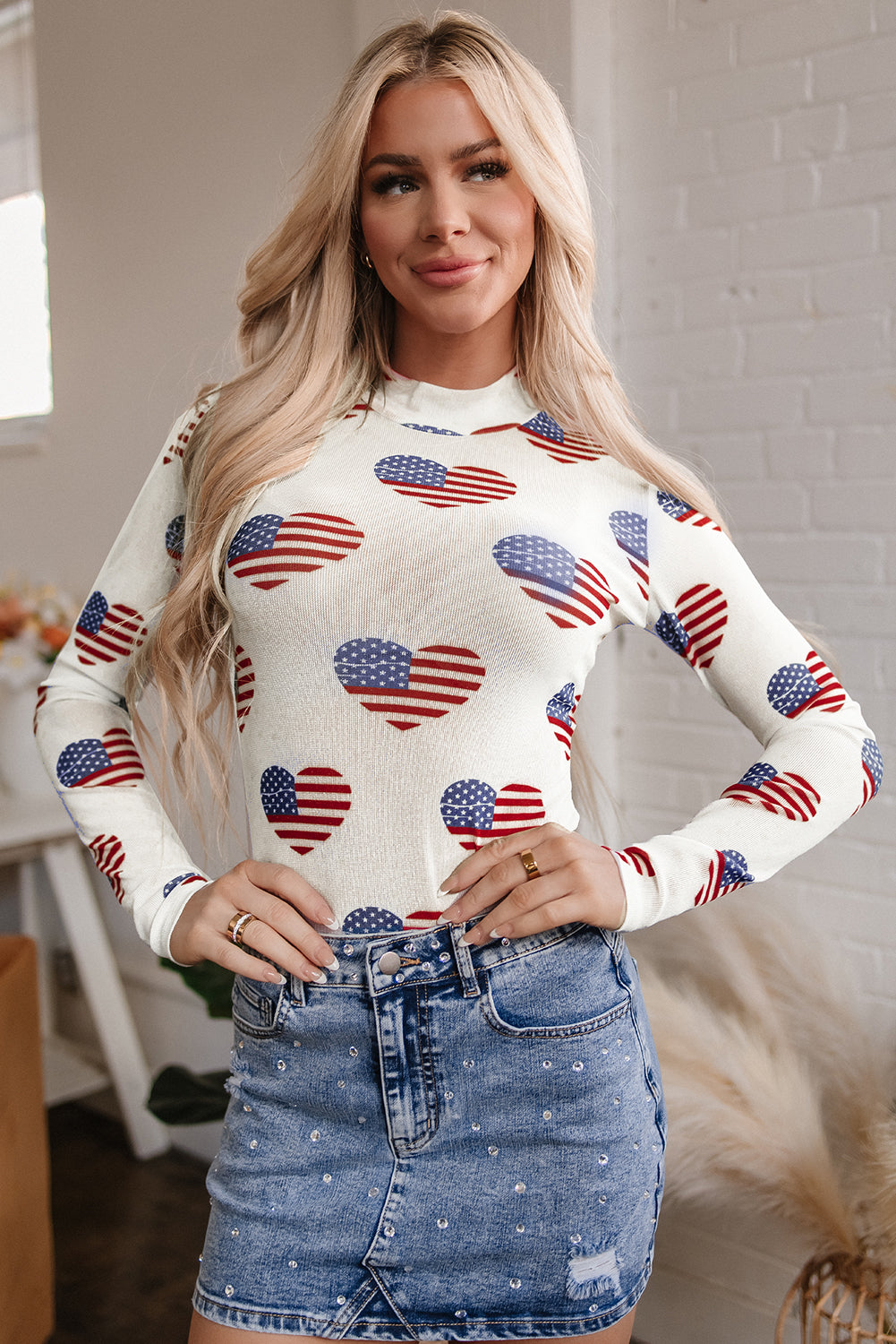 White Americana Glitter Mesh Long Sleeve Bodysuit-Tops/Bodysuits-[Adult]-[Female]-2022 Online Blue Zone Planet