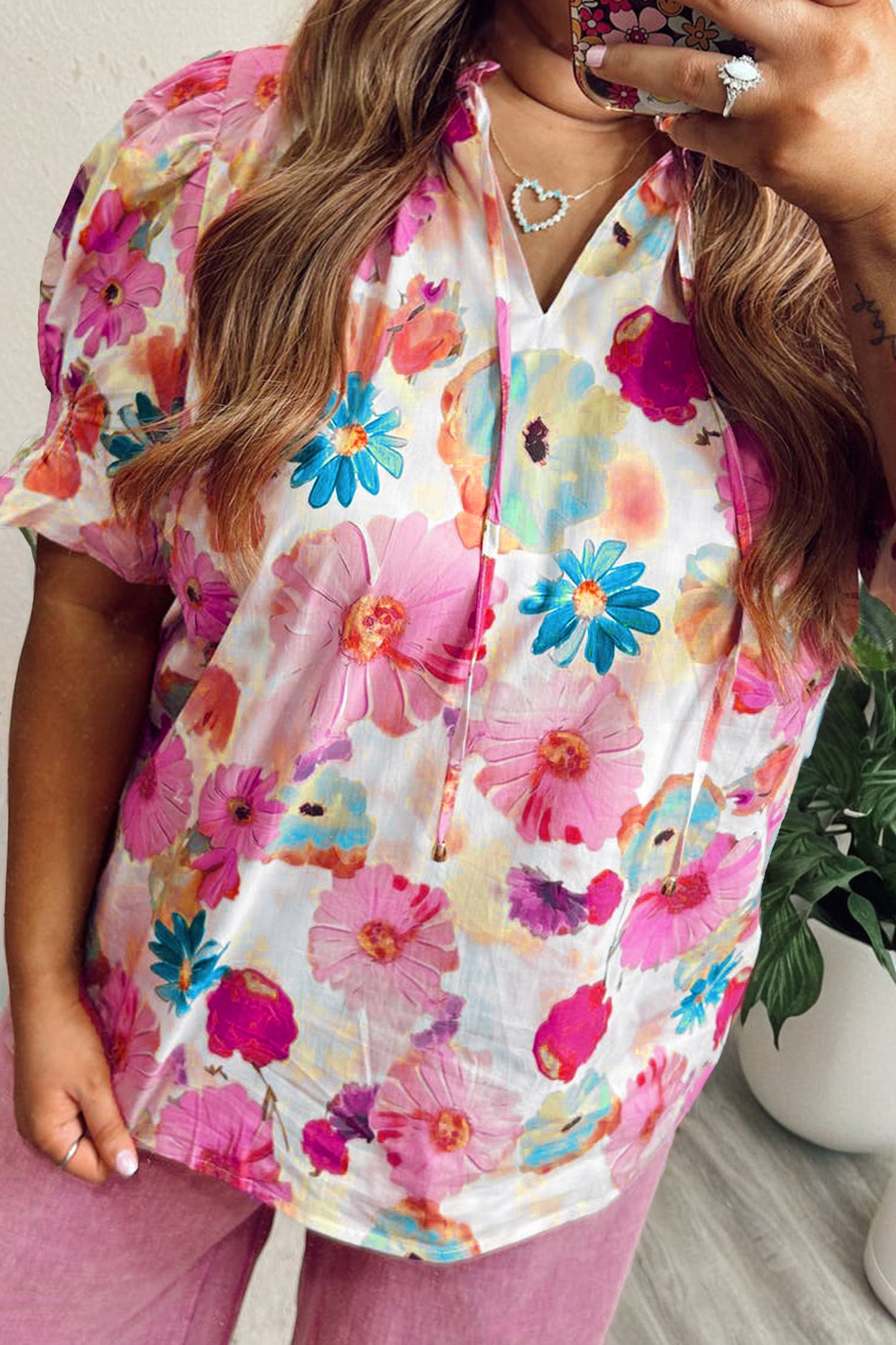 Pink Plus Size Floral Print Ruched Short Sleeve Blouse-Plus Size/Plus Size Tops/Plus Size Blouses & Shirts-[Adult]-[Female]-Pink-1X-2022 Online Blue Zone Planet