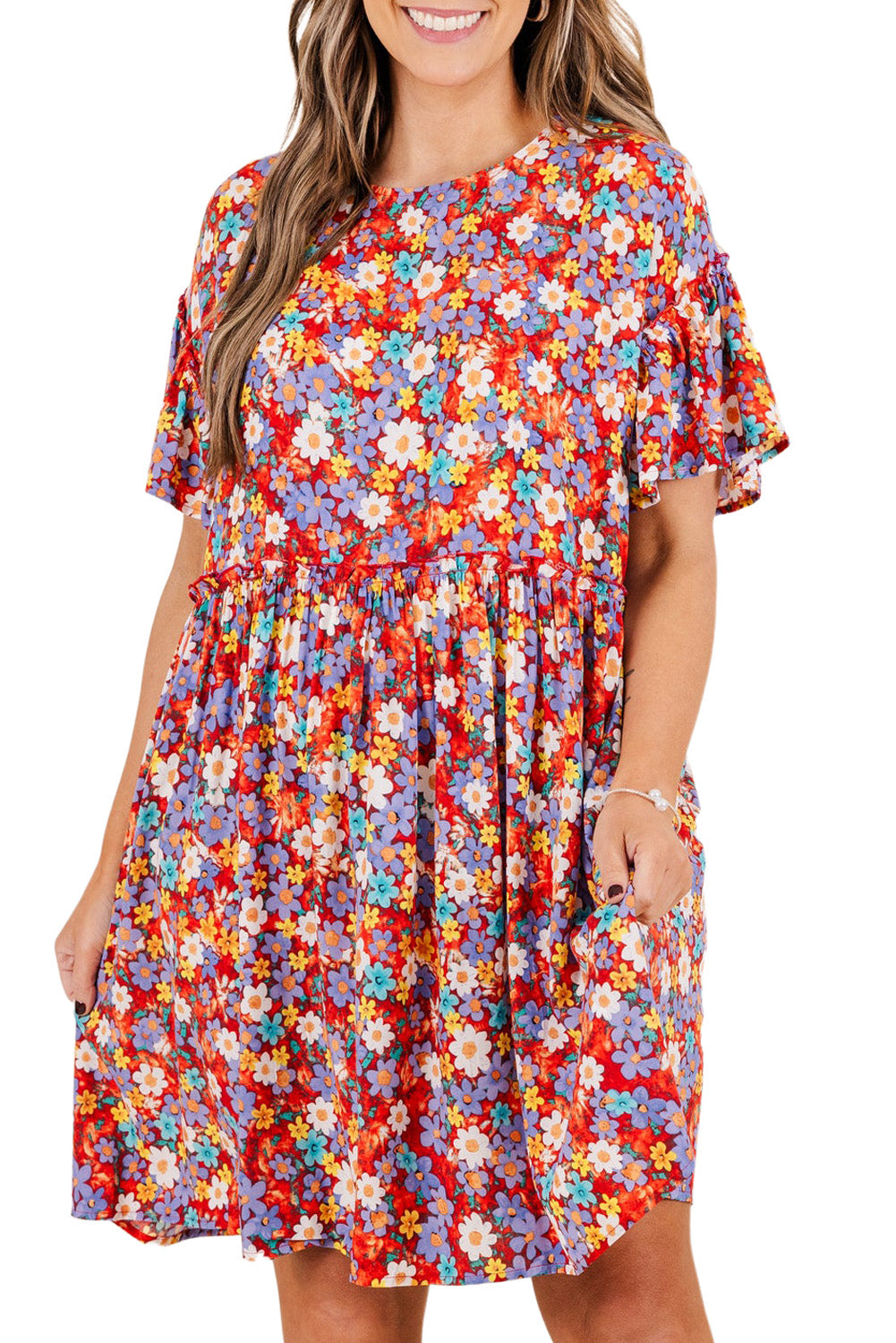 Red Flower Print Frill Waist Plus Size Mini Dress-Plus Size Dresses-[Adult]-[Female]-2022 Online Blue Zone Planet