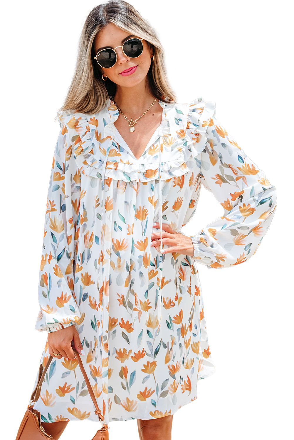Yellow Floral Print Tie Neck Frilled Detail Long Sleeve Mini Dress-TOPS / DRESSES-[Adult]-[Female]-2022 Online Blue Zone Planet