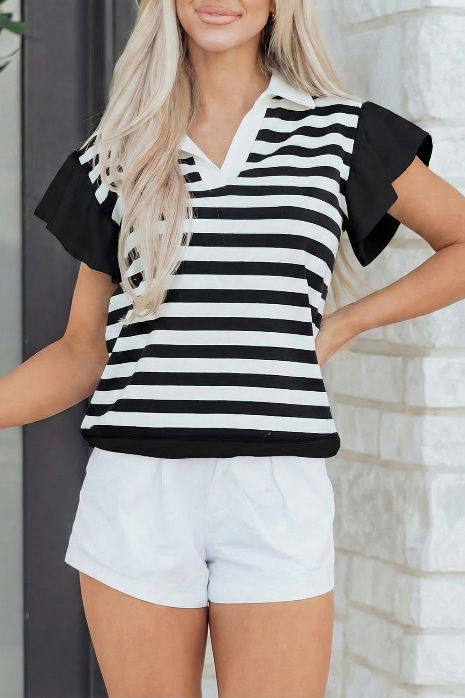 Black Stripe Collar V Neck Ruffled Short Sleeve Blouse-Tops/Blouses & Shirts-[Adult]-[Female]-2022 Online Blue Zone Planet