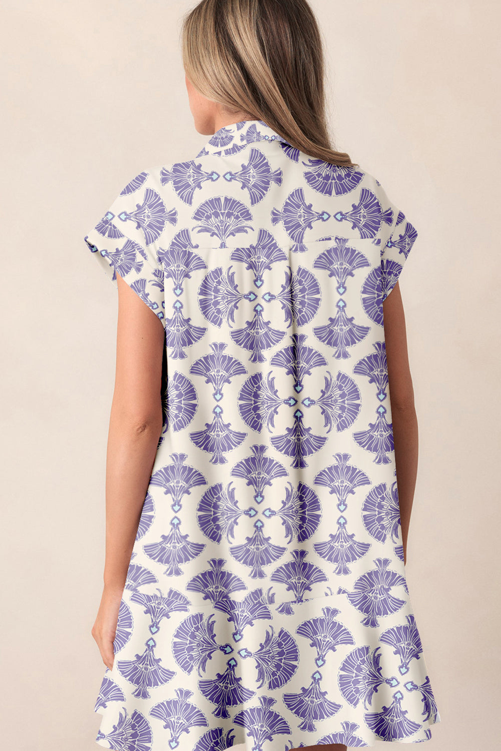 Sky Blue Printed Shirt Collar Half Button A-line Mini Dress-TOPS / DRESSES-[Adult]-[Female]-2022 Online Blue Zone Planet