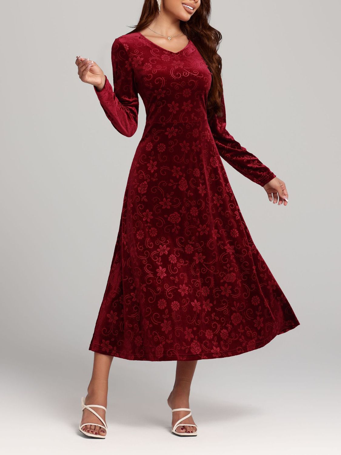 Blue Zone Planet | Flower Print V-Neck Long Sleeve Midi Dress-TOPS / DRESSES-[Adult]-[Female]-Burgundy-S-2022 Online Blue Zone Planet