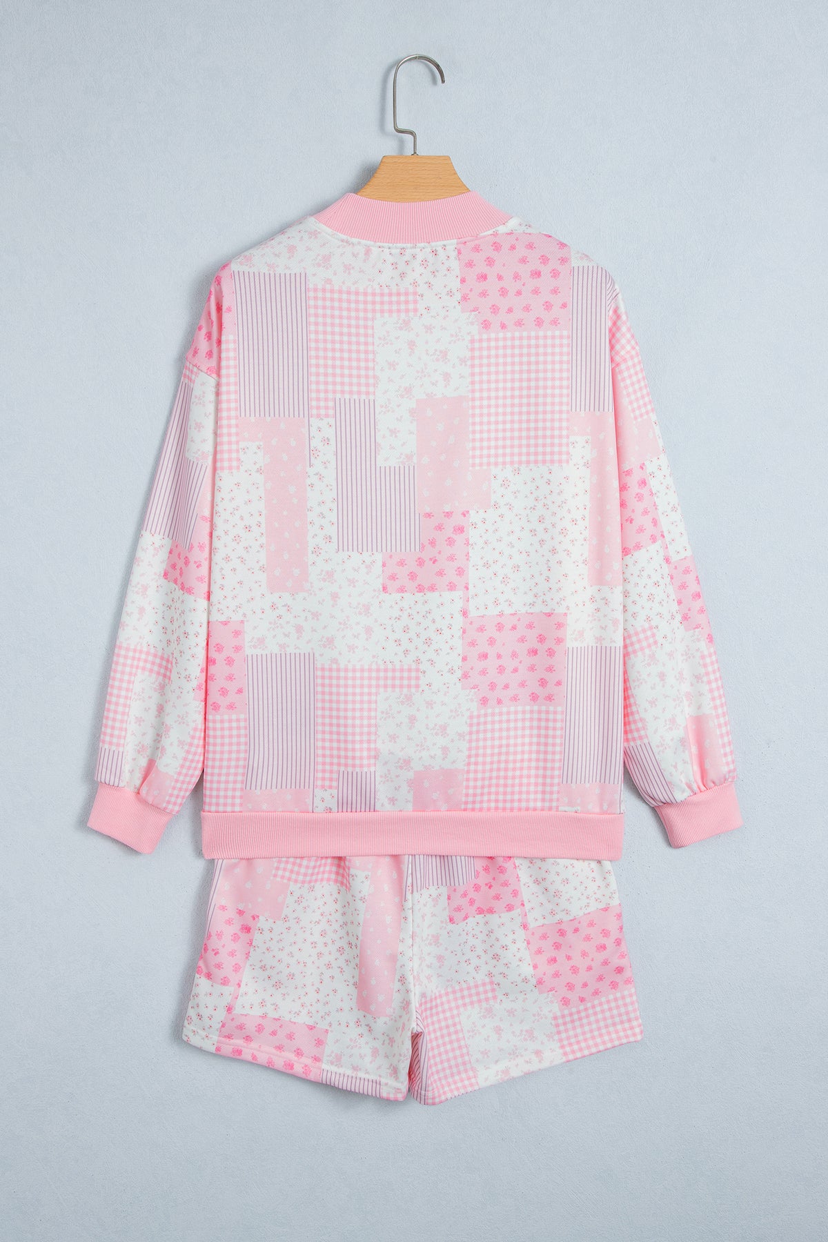Light Pink Patchwork Floral Print Drop Shoulder Baggy Pullover Drawstring Shorts Set-Two Piece Sets/Short Sets-[Adult]-[Female]-2022 Online Blue Zone Planet