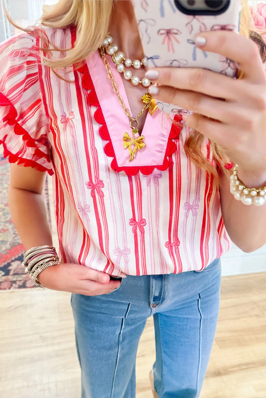 Pink Ric-Rac Trim Ruffled Sleeve V Neck Bow Striped Printed Blouse