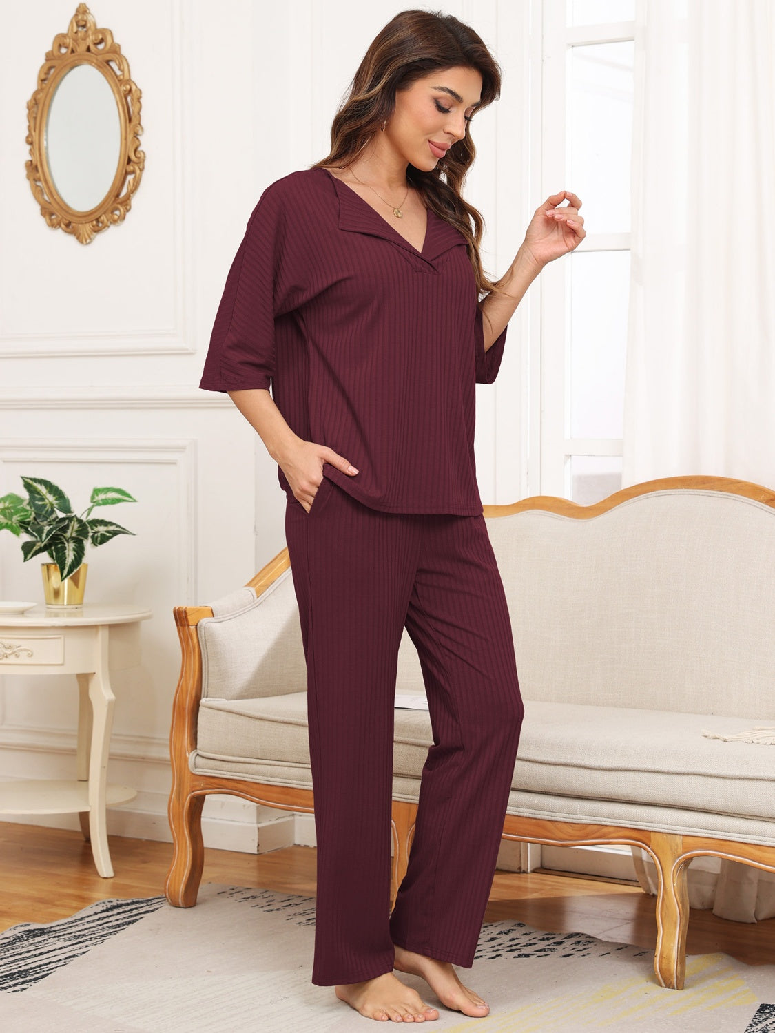 Ribbed Half Sleeve Top and Pocketed Pants Set-TOPS / DRESSES-[Adult]-[Female]-2022 Online Blue Zone Planet