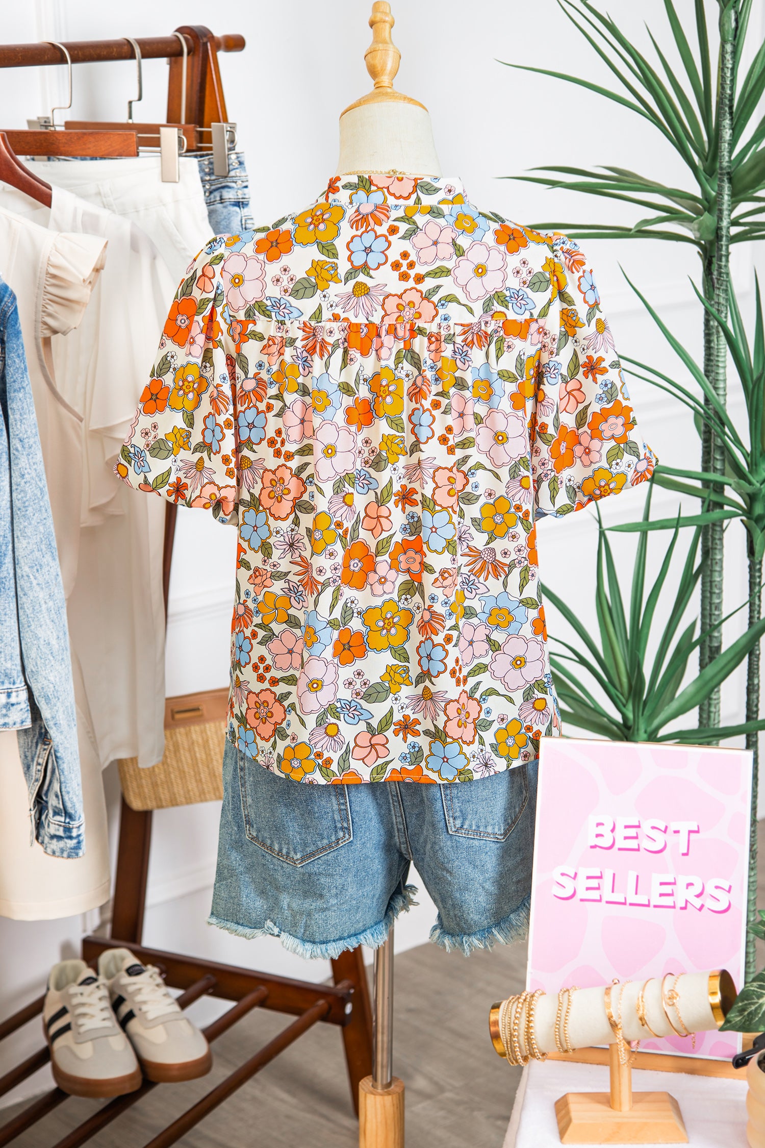Multicolour Crochet V Neckline Puff Sleeve Boho Flower Blouse-Tops/Blouses & Shirts-[Adult]-[Female]-2022 Online Blue Zone Planet