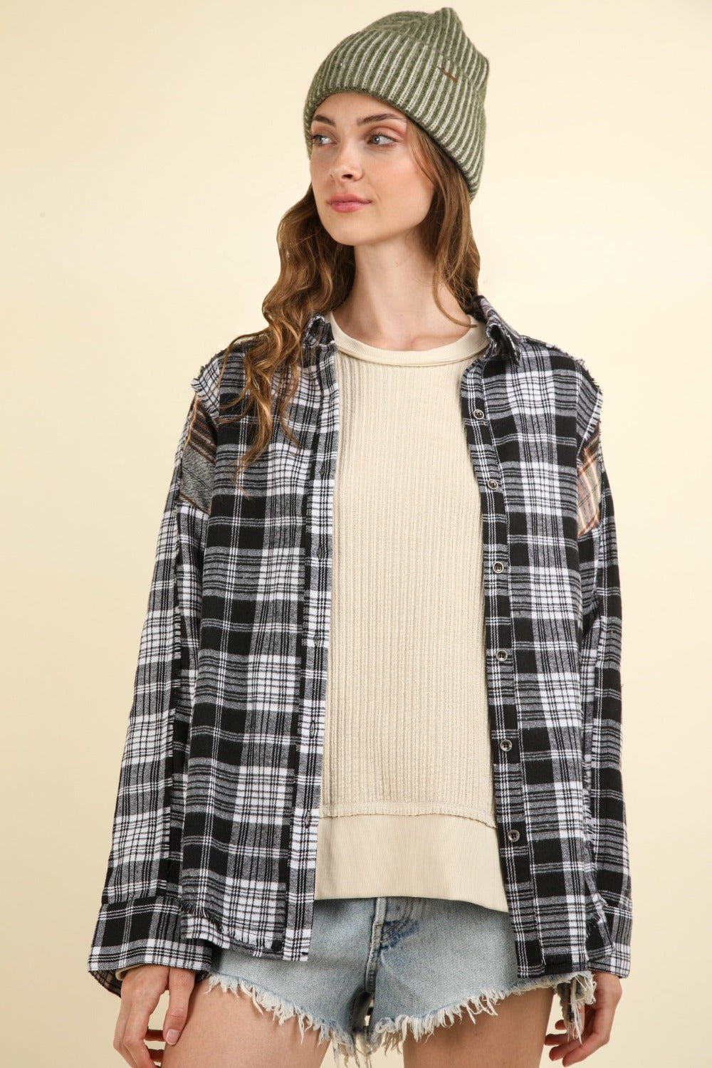 VERY J Contrast Plaid Raw Detail Shirt-TOPS / DRESSES-[Adult]-[Female]-2022 Online Blue Zone Planet