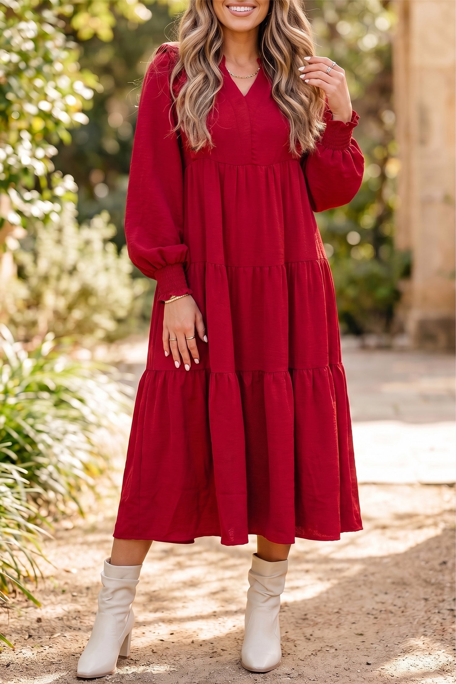 Racing Red Solid Color Ruffle Trim Long Sleeve Tiered Shift Midi Dress-Dresses/Midi Dresses-[Adult]-[Female]-Racing Red-S-2022 Online Blue Zone Planet
