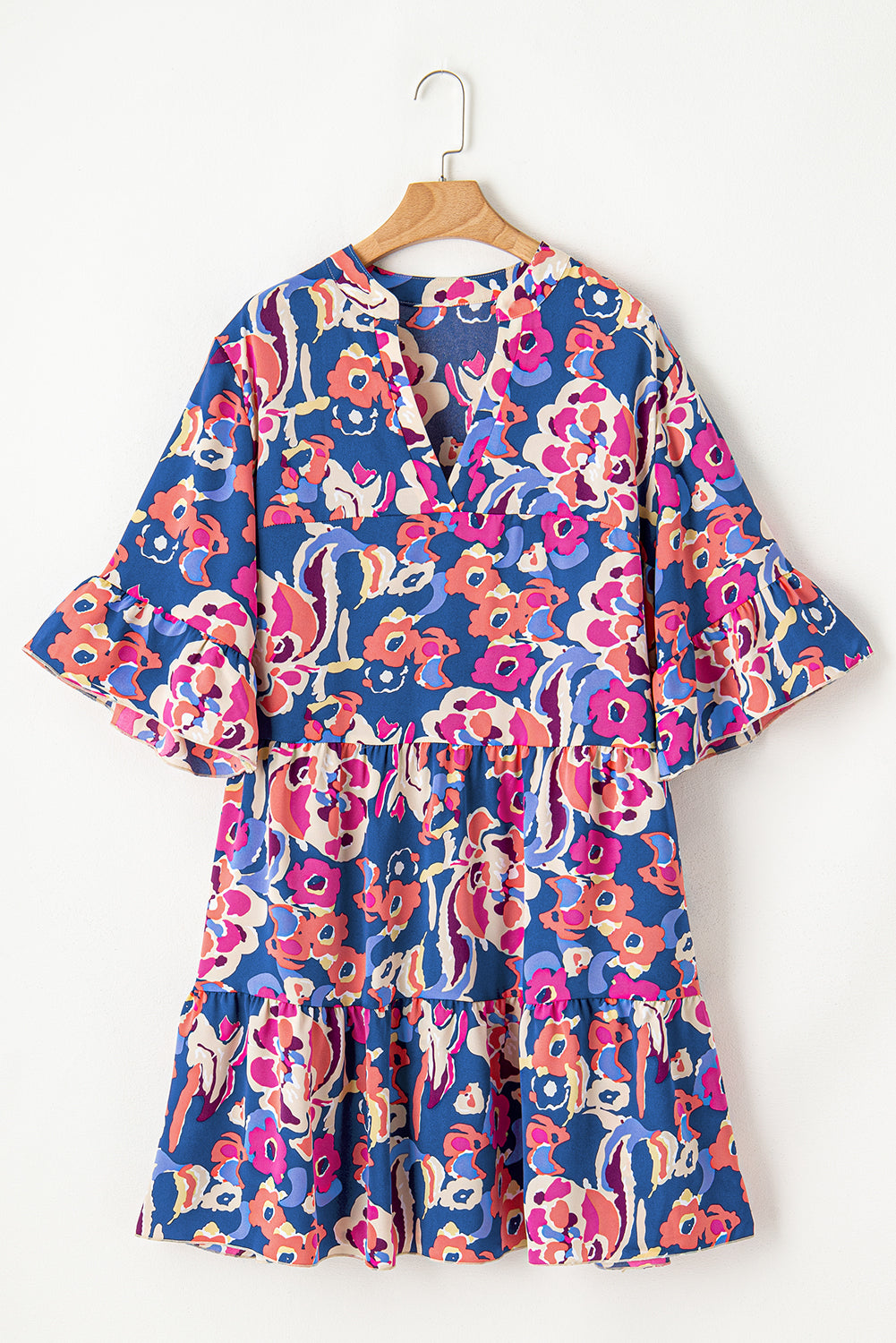 Blue Zone Planet | Blue Plus Size Floral Print Ruffled 3/4 Sleeve Mini Dress-TOPS / DRESSES-[Adult]-[Female]-2022 Online Blue Zone Planet