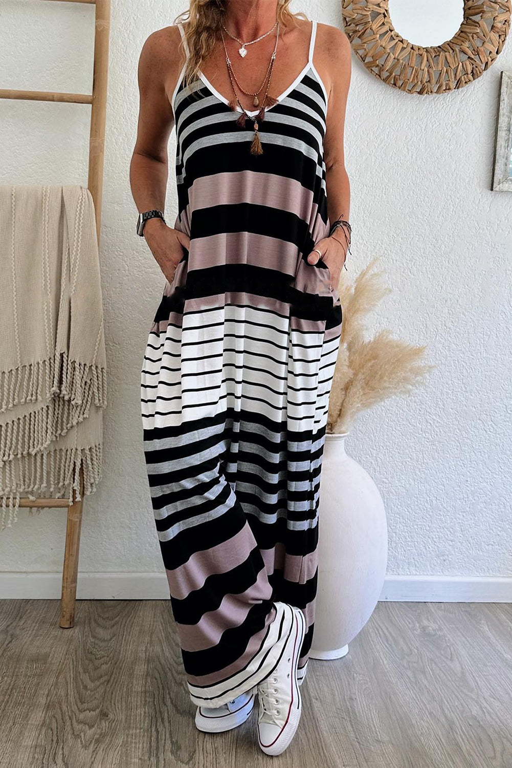 Blue Zone Planet | Multicolour Mixed Stripes Spaghetti Straps V Neck Maxi Dress-TOPS / DRESSES-[Adult]-[Female]-2022 Online Blue Zone Planet