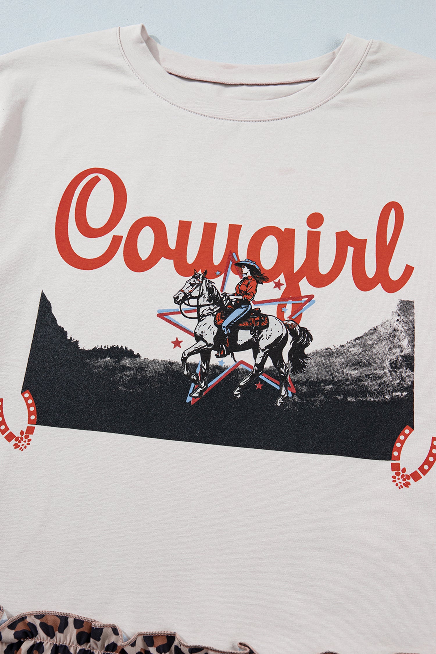 White Retro Cowgirl Print Leopard Ruffle Hem Patchwork T Shirt-Tops/Tops & Tees-[Adult]-[Female]-2022 Online Blue Zone Planet