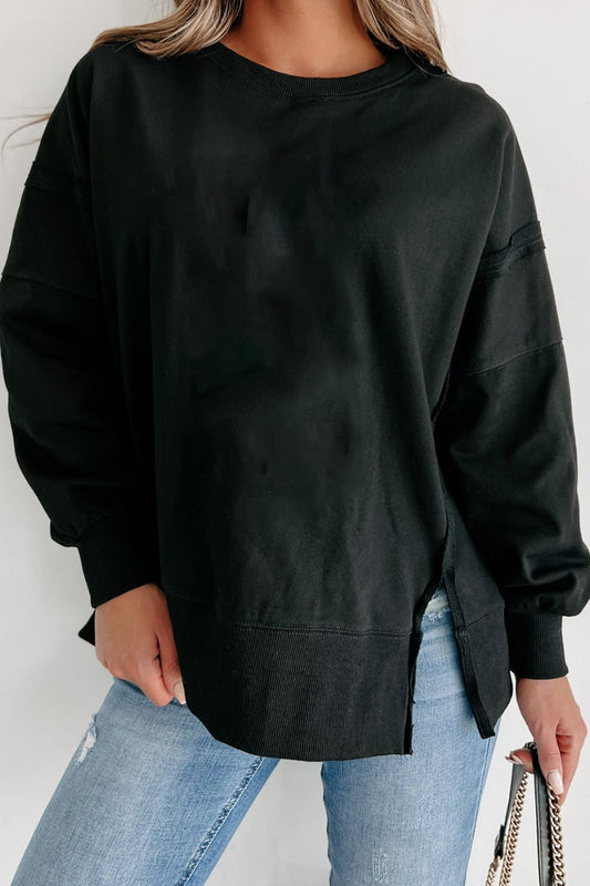 Side Slit Round Neck Long Sleeve Sweatshirt-TOPS / DRESSES-[Adult]-[Female]-Black-S-2022 Online Blue Zone Planet
