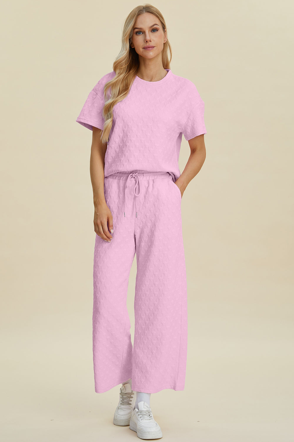 Blue Zone Planet | Double Take Full Size Texture Round Neck Short Sleeve Top and Pants Set-TOPS / DRESSES-[Adult]-[Female]-Pink-S-2022 Online Blue Zone Planet