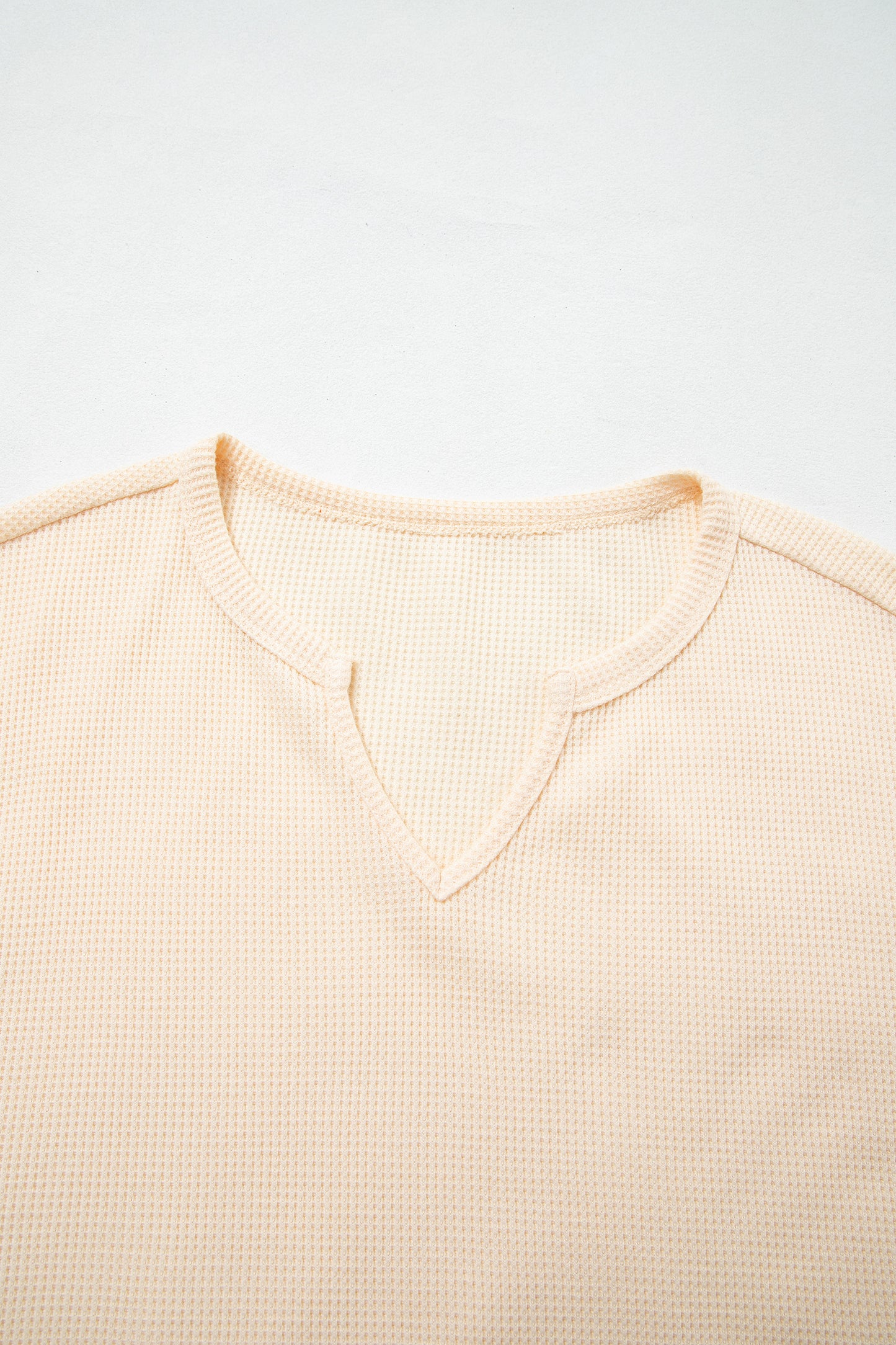 Beige Waffle Textured V Neck Plaid Colorblock Drop Shoulder Long Sleeve Top-Tops/Long Sleeve Tops-[Adult]-[Female]-2022 Online Blue Zone Planet