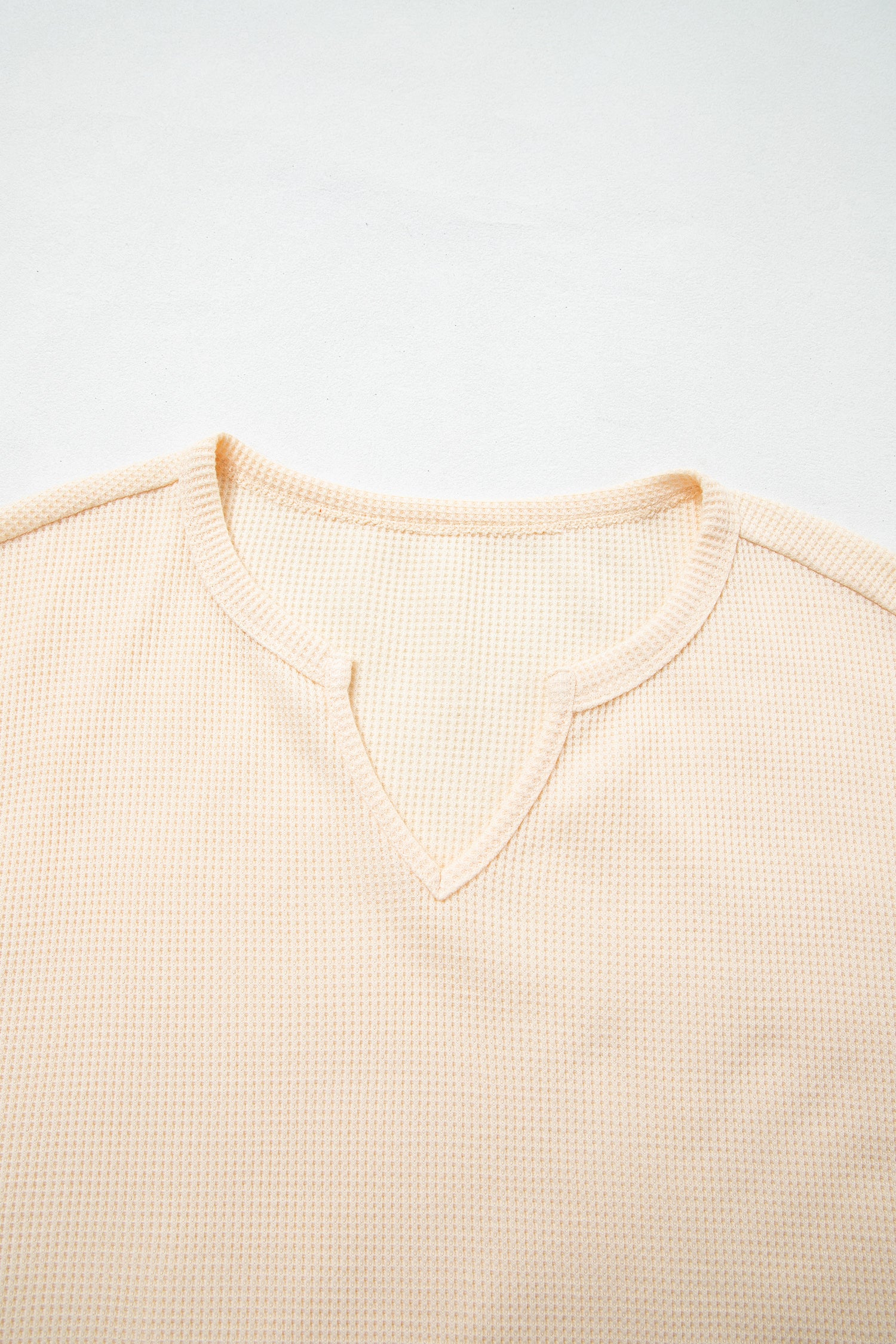 Beige Waffle Textured V Neck Plaid Colorblock Drop Shoulder Long Sleeve Top-Tops/Long Sleeve Tops-[Adult]-[Female]-2022 Online Blue Zone Planet