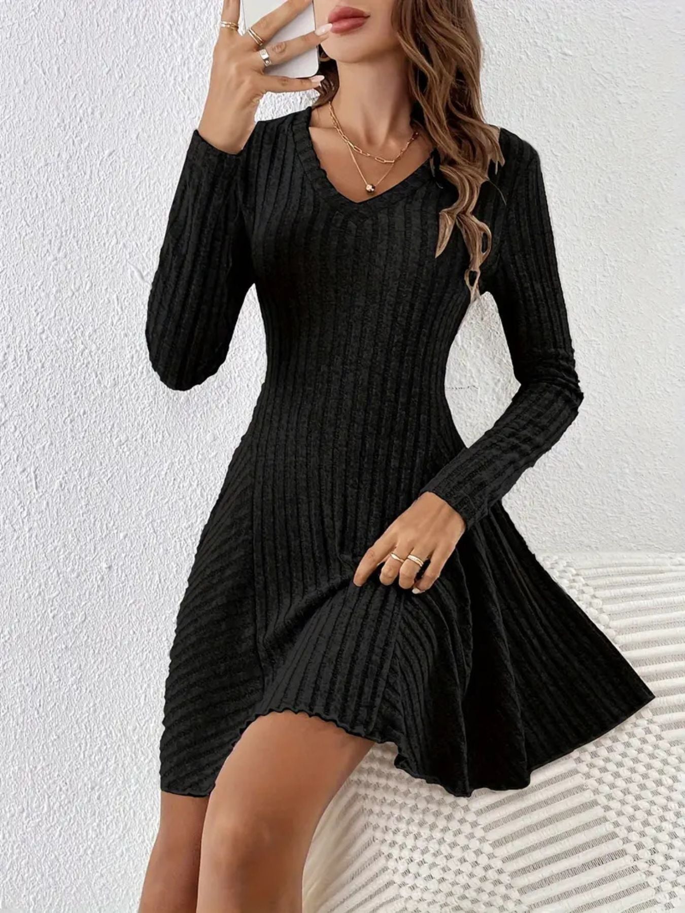 Ribbed Knit Long Sleeve A-Line Dress Blue Zone Planet Ribbed Knit Long Sleeve A-Line Dress Blue Zone Planet