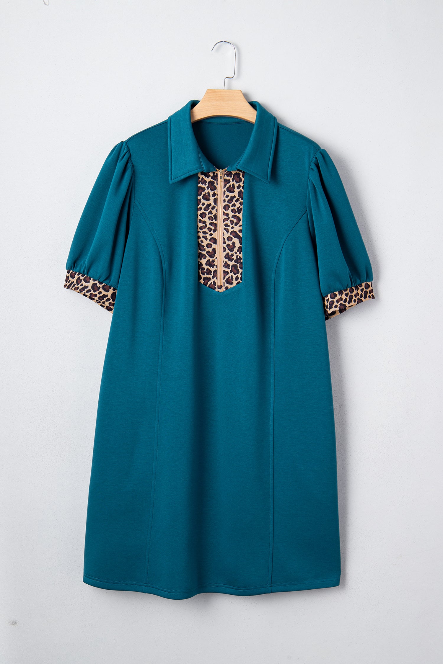 Sea Green Leopard Patchwork Detail Quarter Zip Collared Plus Size Mini Dress-Plus Size/Plus Size Dresses/Plus Size Mini Dresses-[Adult]-[Female]-2022 Online Blue Zone Planet