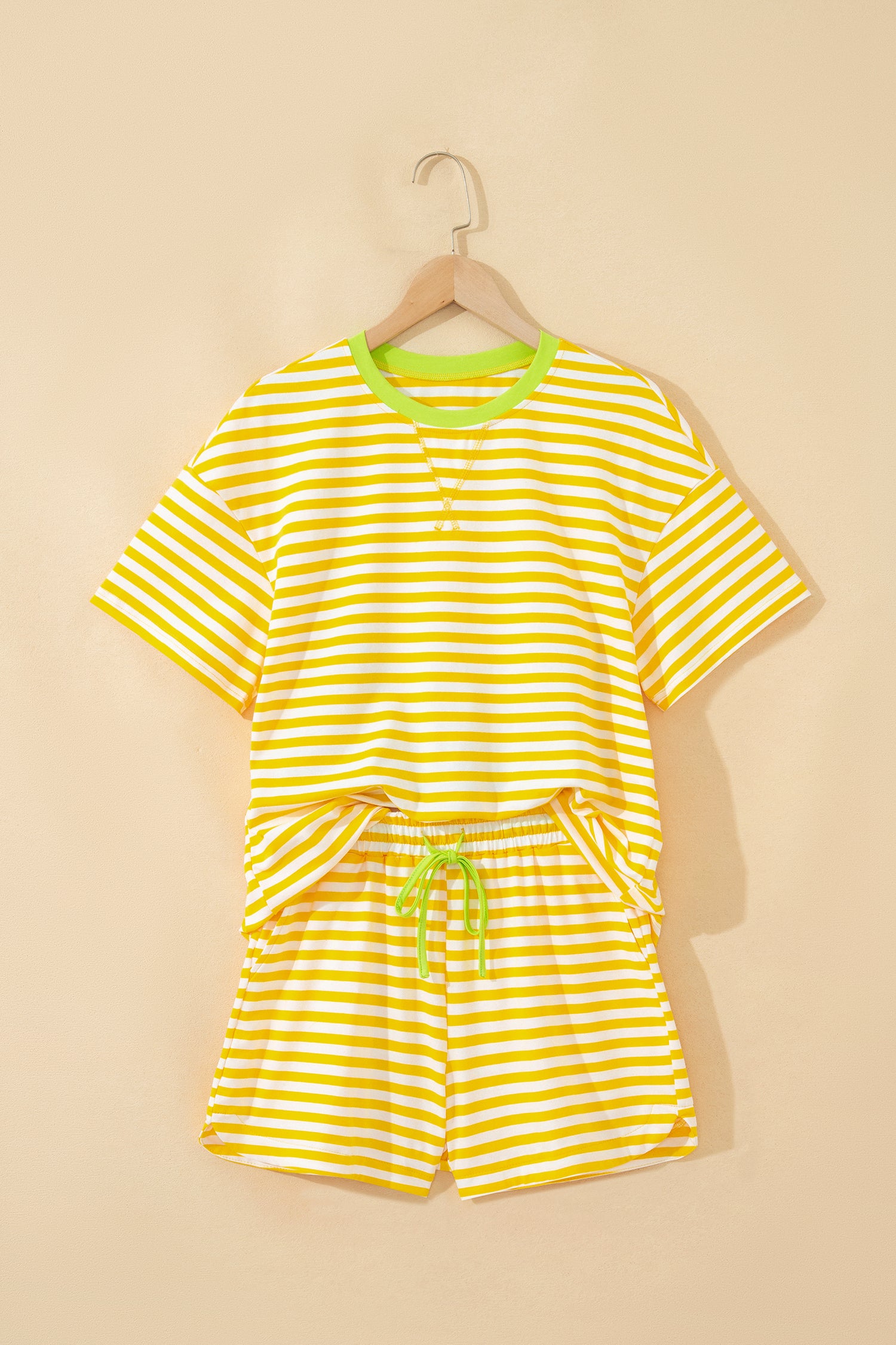 Yellow Stripe Contrast Neck Loose Tee and Drawstring Shorts Set-Two Piece Sets/Short Sets-[Adult]-[Female]-2022 Online Blue Zone Planet