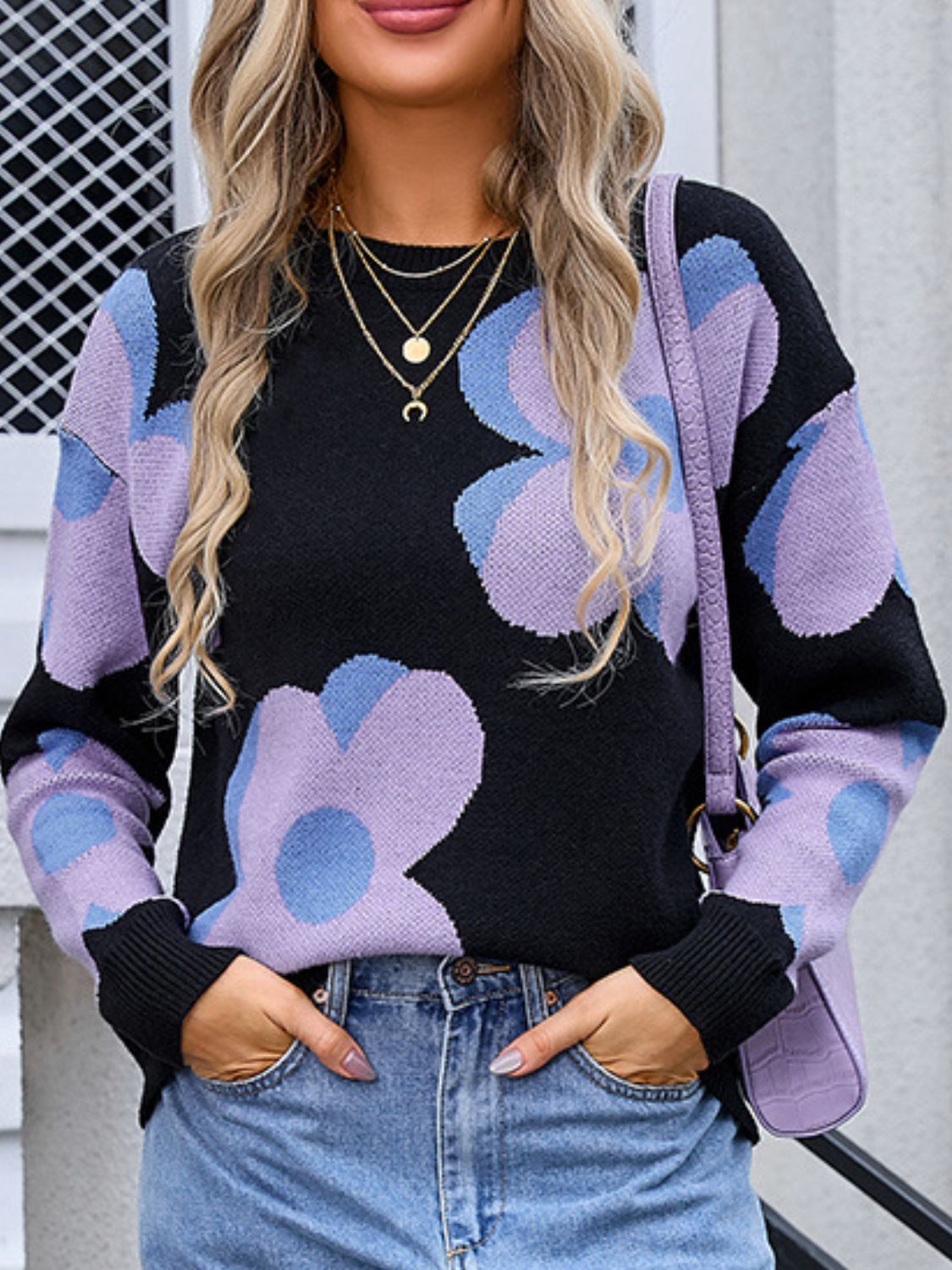 Blue Zone Planet | Flower Round Neck Long Sleeve Sweater-TOPS / DRESSES-[Adult]-[Female]-2022 Online Blue Zone Planet