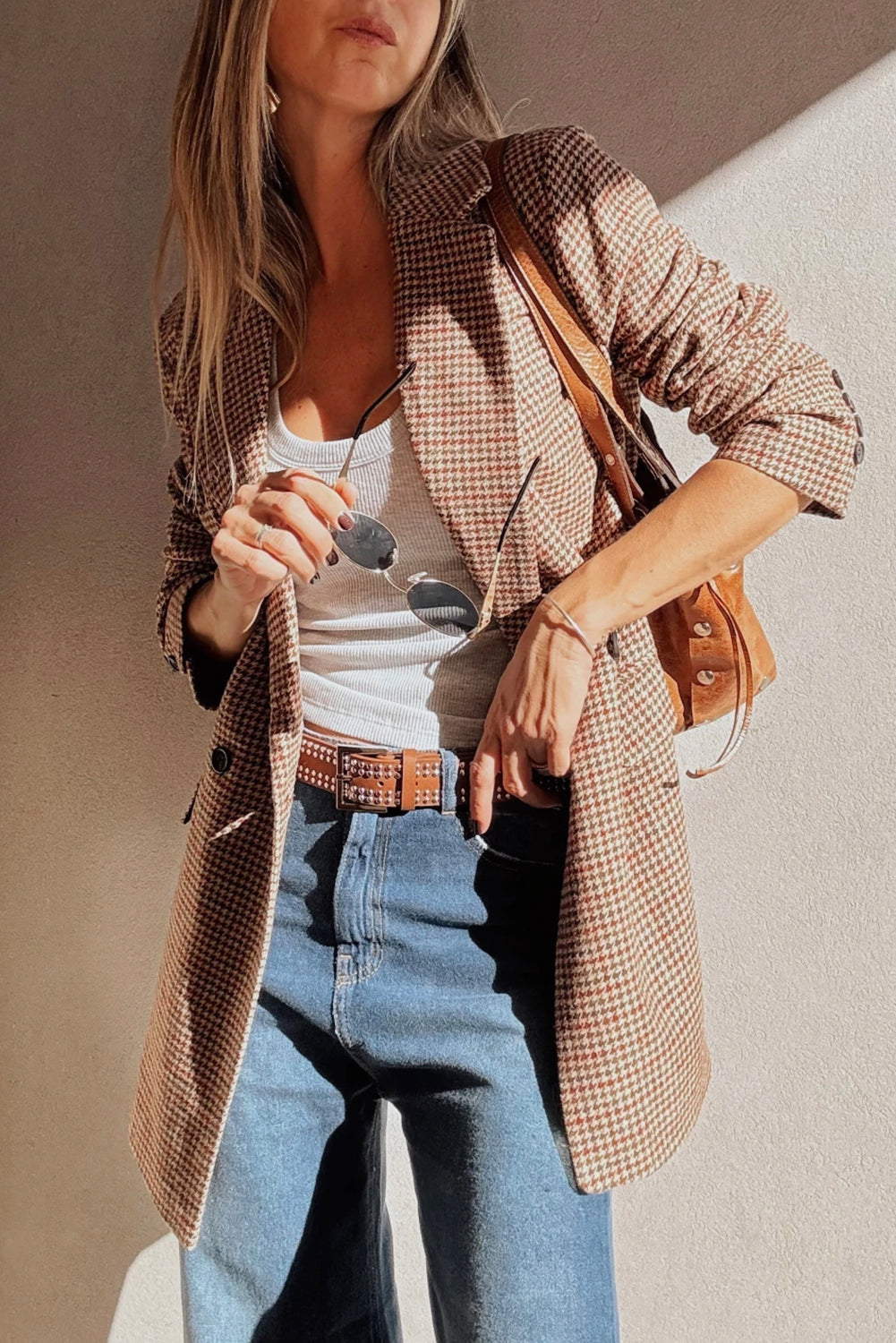 Brown Houndstooth Lapel Collar Blazer-Outerwear/Blazers-[Adult]-[Female]-2022 Online Blue Zone Planet